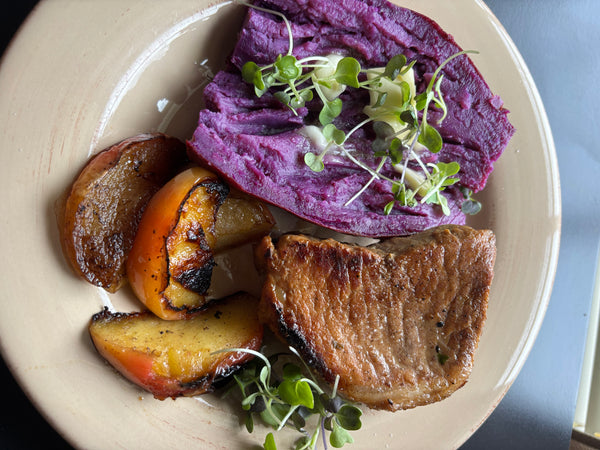 Apple Cider Braised Pork Loin, Baked Apples & Purple Sweet Potatoes