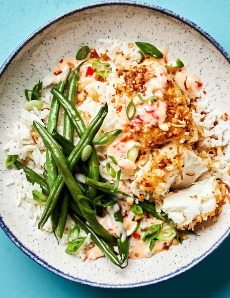 Macadamia & Coconut Crusted Tilapia with a Sweet Chili Drizzle