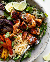 BBQ Chicken Bowls with Grilled Veggies, Greens, and Quinoa