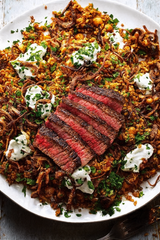 Marinated Skirt Steak with Freekeh, Tomato, & Chickpea Pilaf