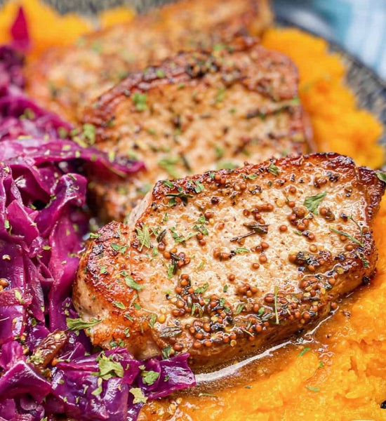 Mustard Bourbon Pork Chops, Mashed Maple Butternut Squash, & Sauteed Purple Cabbage