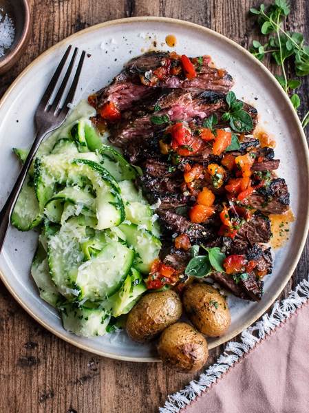 Balsamic Steak with Red Pepper Relish, Zucchini Salad & Potatoes