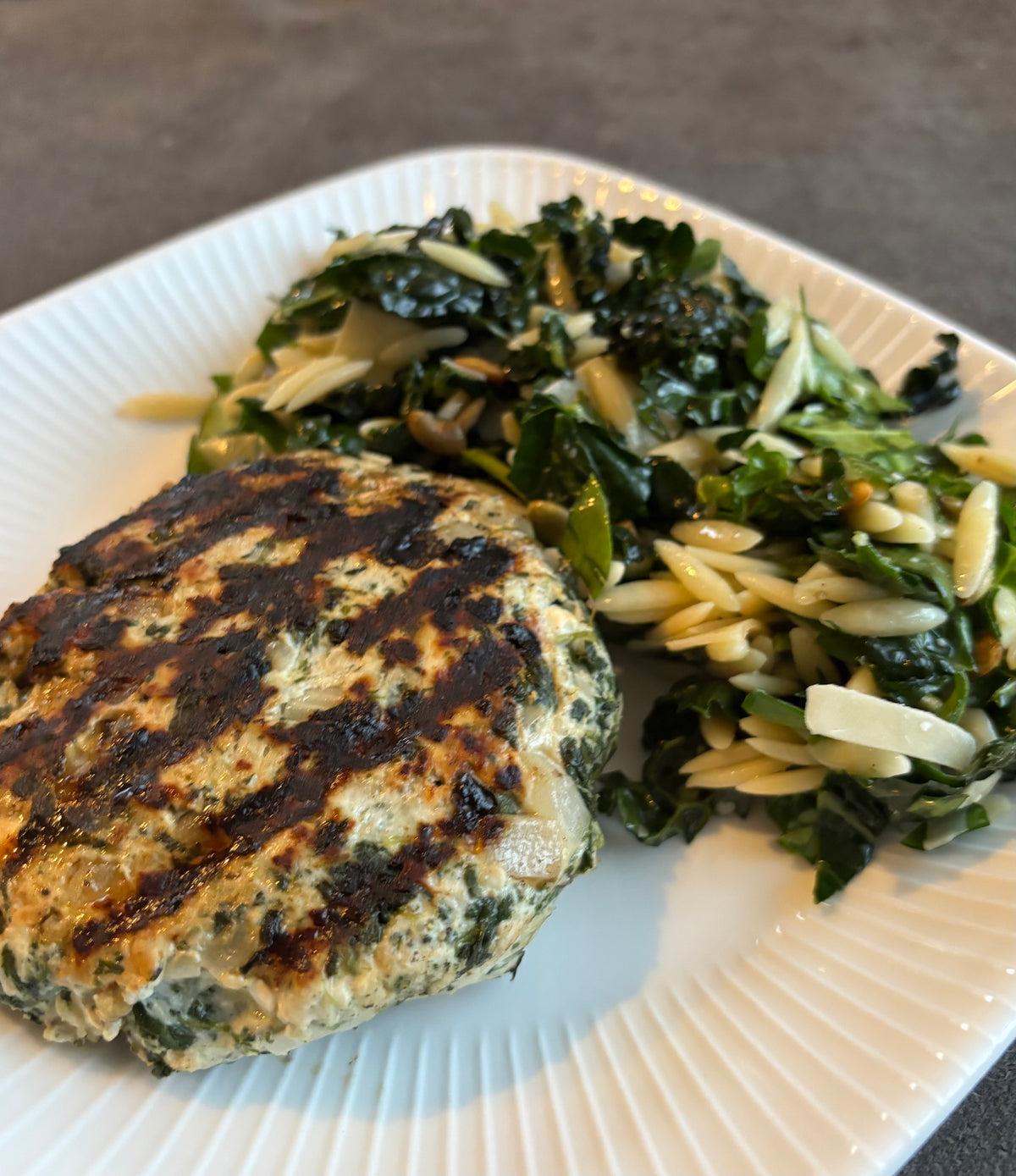 Chicken Feta Burgers & Orzo Parm Kale Salad