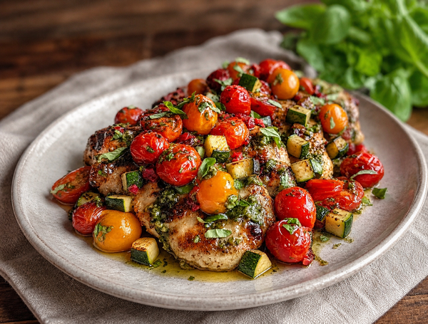 Pesto Chicken with Roasted Tomatoes & Zucchini