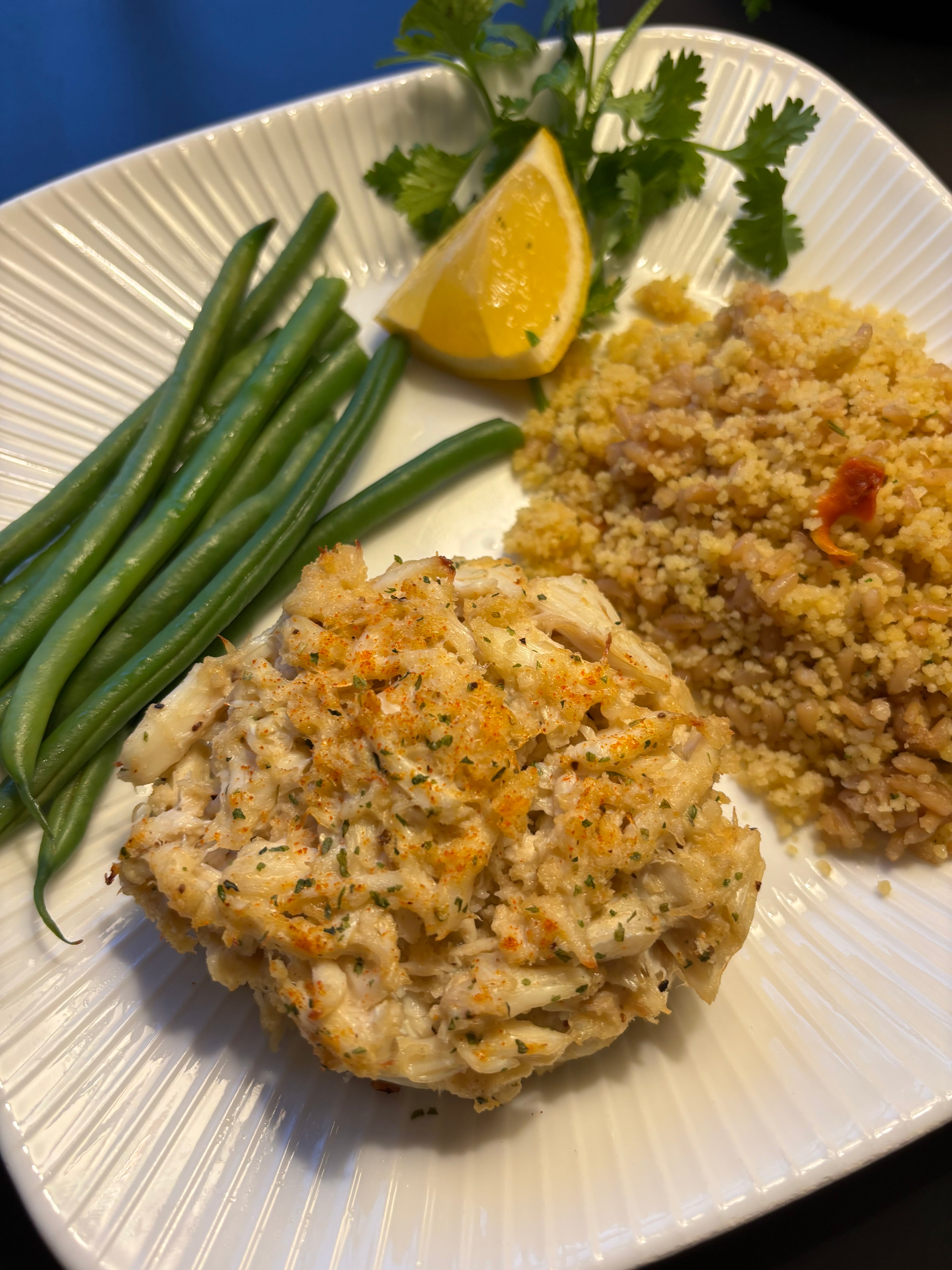 Baked Crab Cake, Garlic Quinoa and Brown Rice Blend, and Steamed Green ...